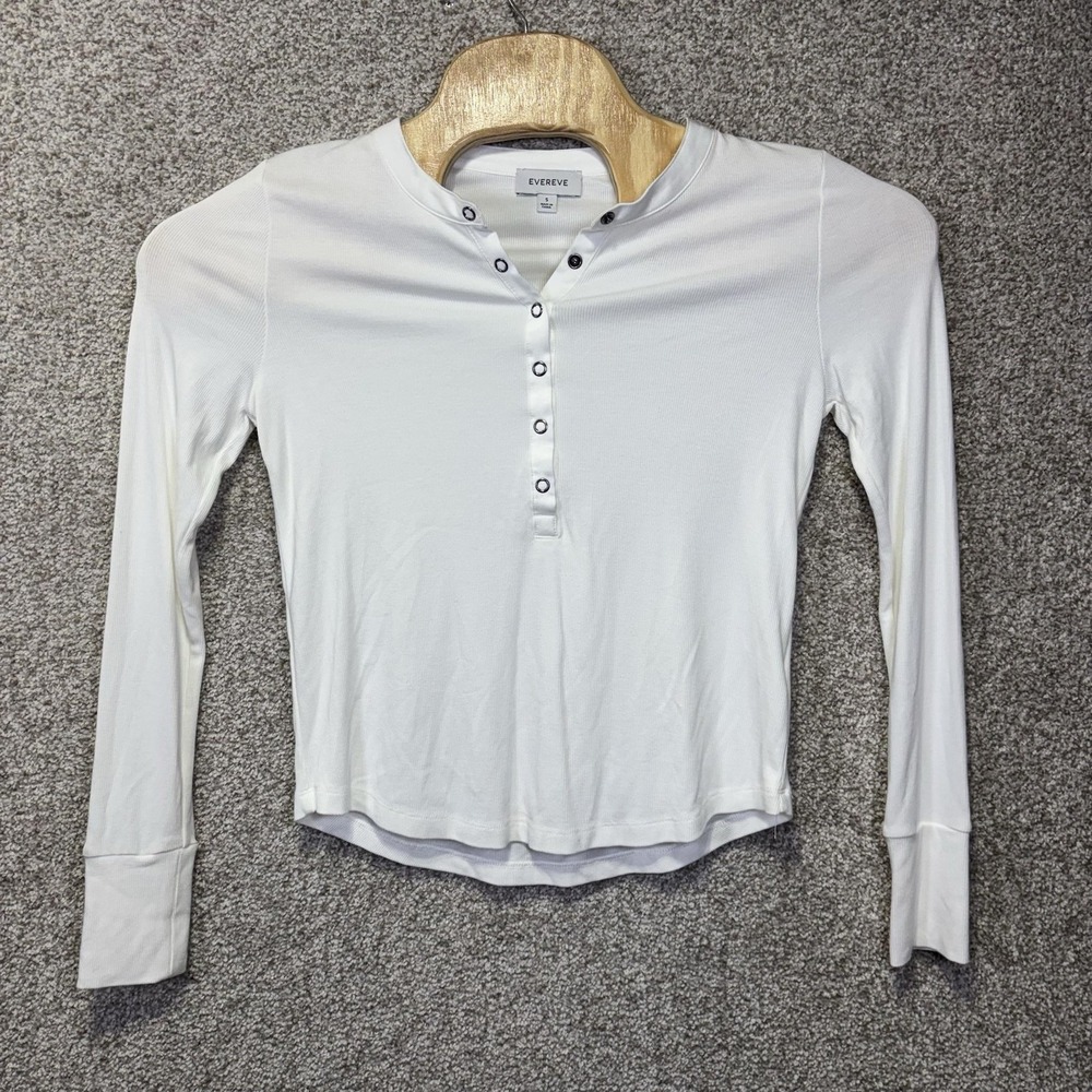 Evereve Shirt Womens Small White Henley Long Sleeve Stretch Basic Top Knit